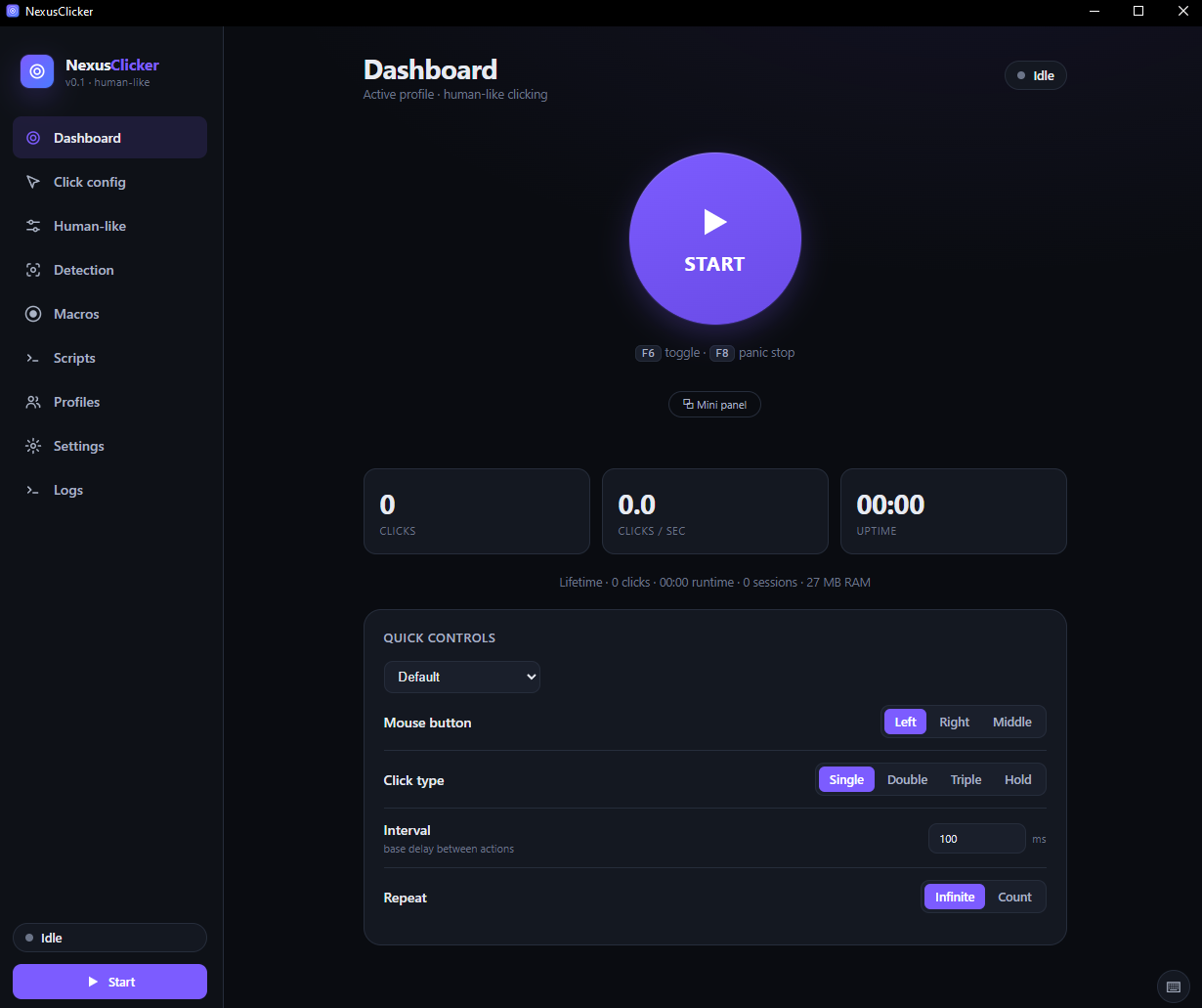 NexusClicker dashboard with Start control and live stats
