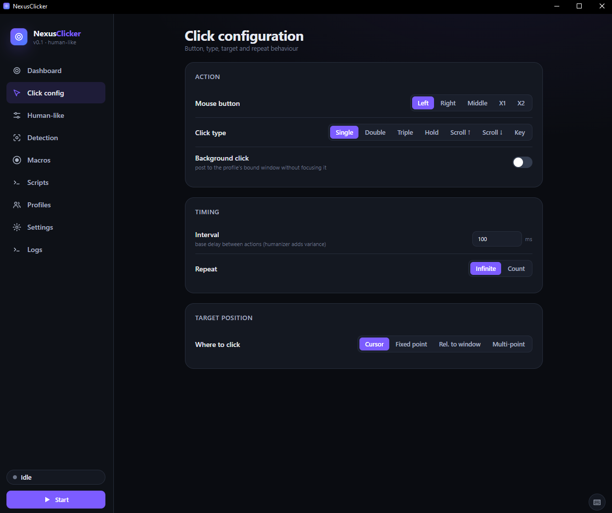 NexusClicker click configuration screen