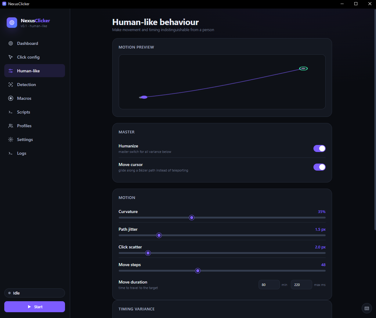 NexusClicker human-like motion settings